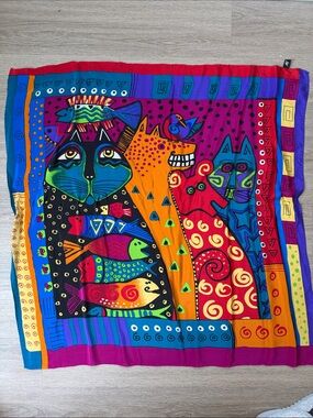 100% Silk Art Scarf Colorful Abstract Animal Fish Print Square 32”